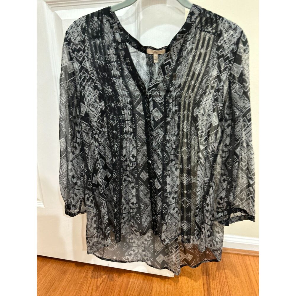 Joie Sheer Geometric Button Front Blouse Top Black Size Small